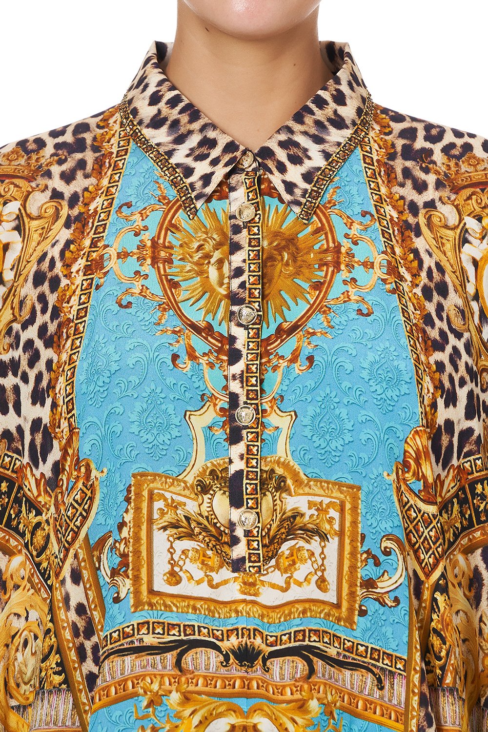 BUTTON UP TOP WITH DRAPED BACK DRIPPING IN DECADENCE