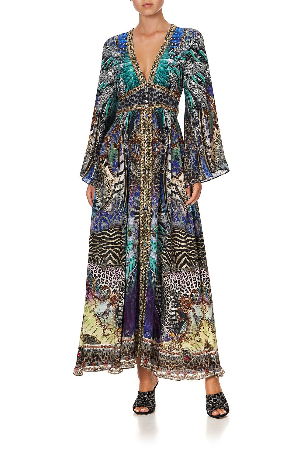 KIMONO SLEEVE DRESS WITH SHIRRING DETAIL ANIMAL ARMY