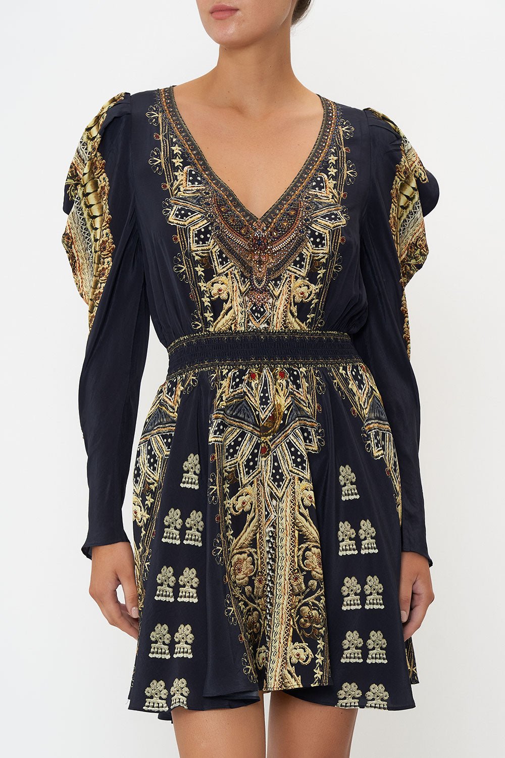 DRAPED SLEEVE SHIRRED DRESS ITS ALL OVER TORERO