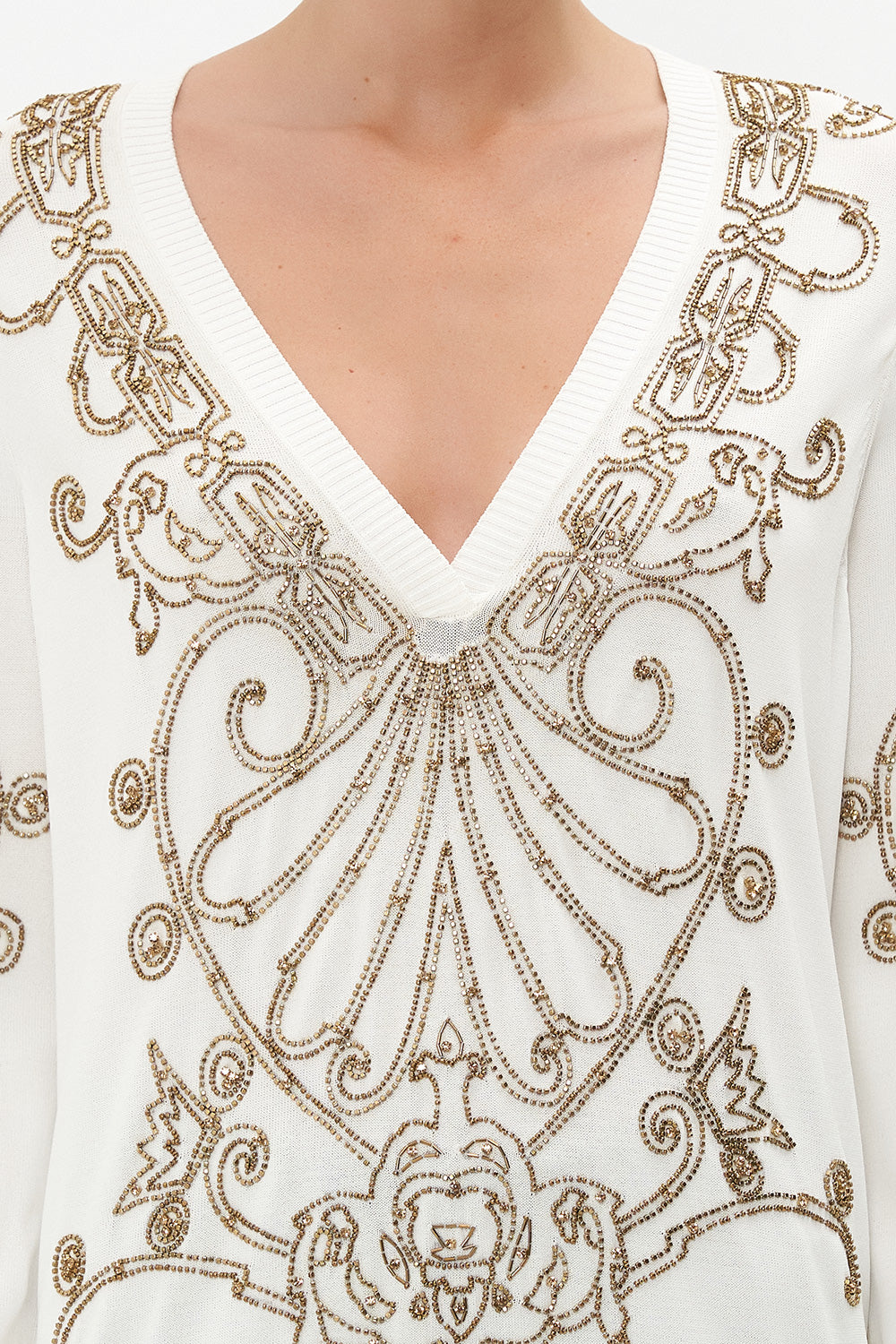 EMBELLISHED V NECK KNIT ARMADA
