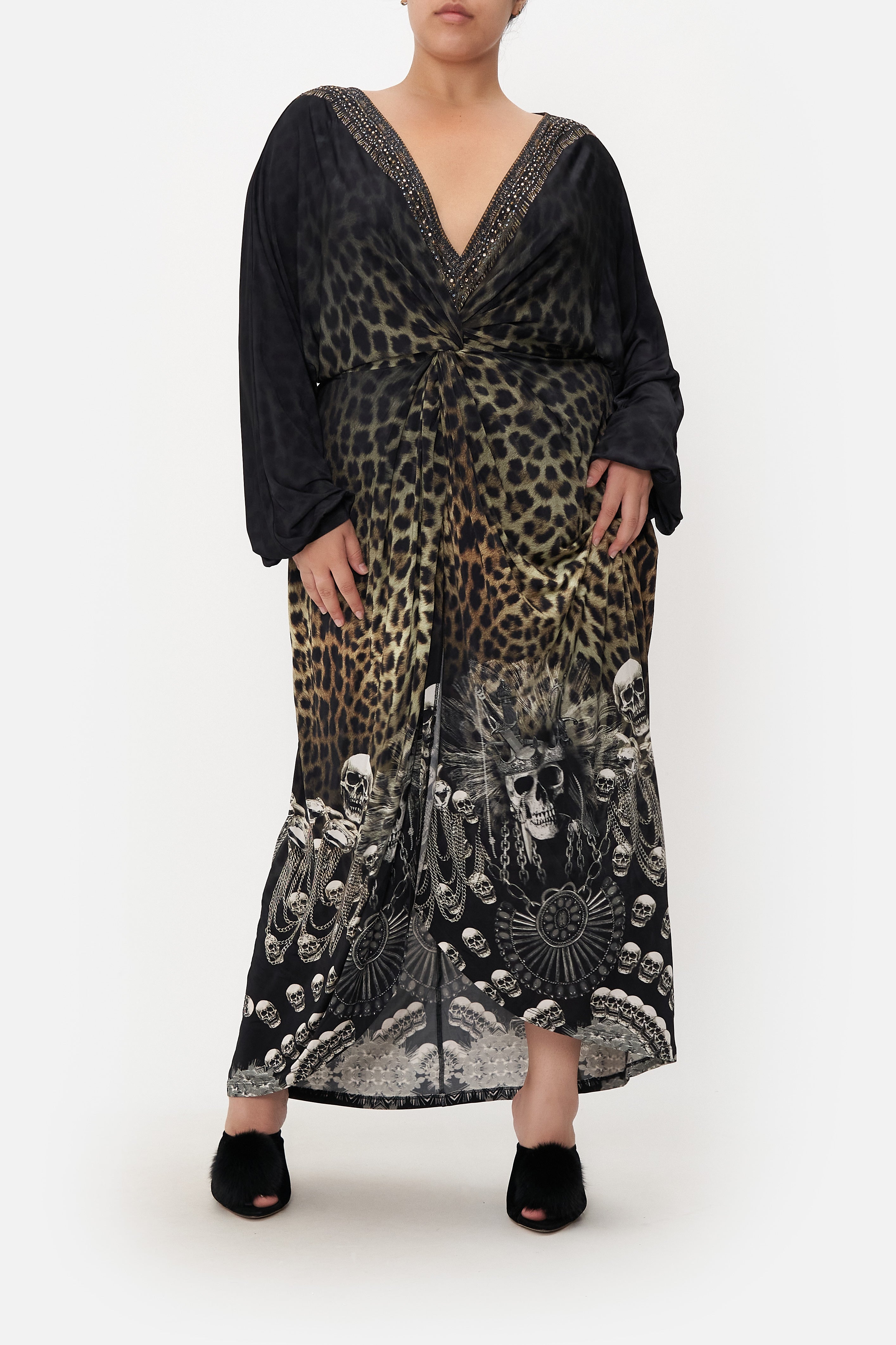 Front view of curvy model wearing CAMILLA plus size maxi dress in Order Of Disorder print