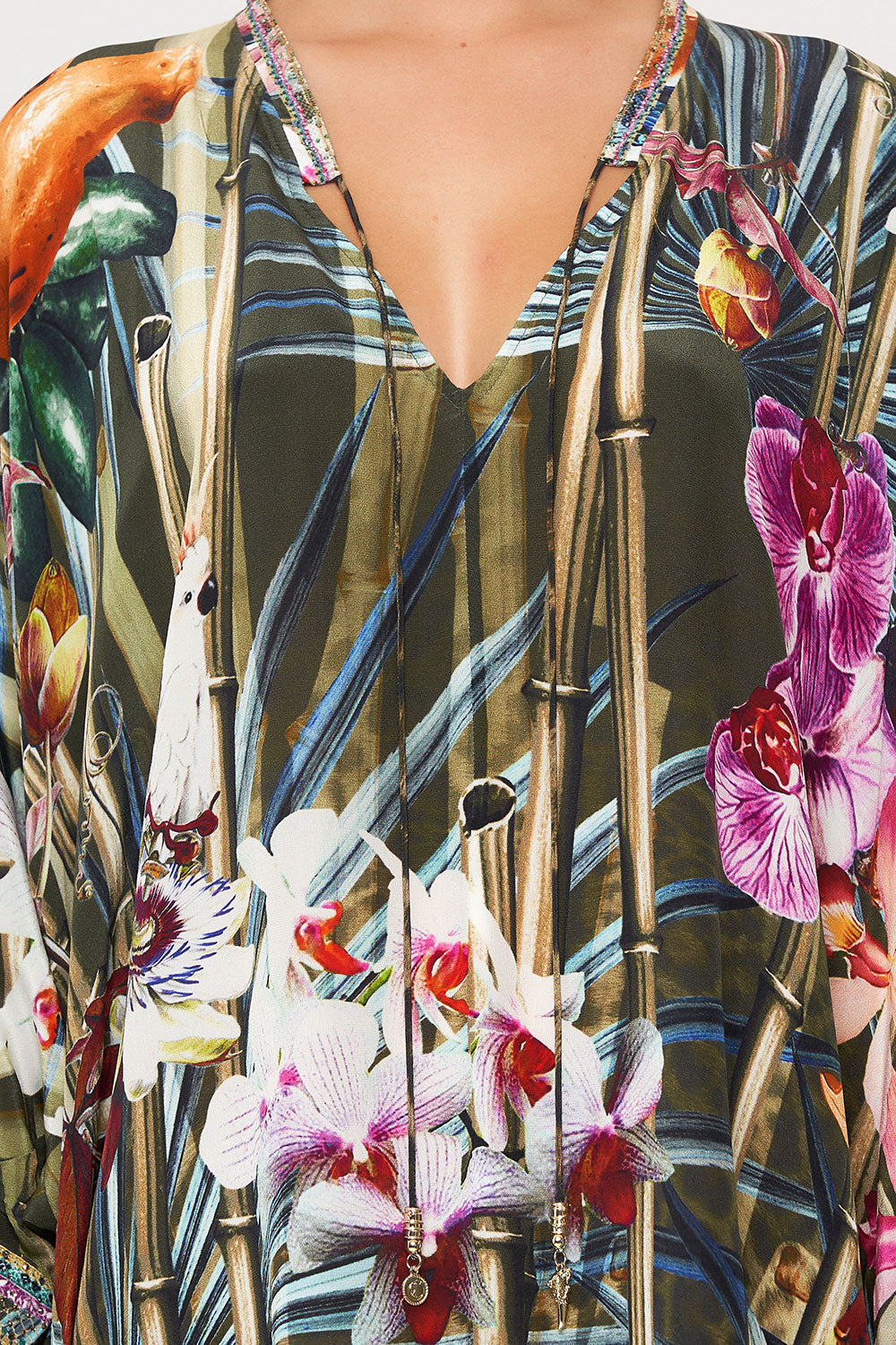 V-NECK DRESS WITH DRAPED BACK PASSPORT TO PARADISE