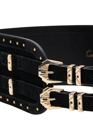 CINCHED BELT WITH DOUBLE BUCKLE SOLID BLACK