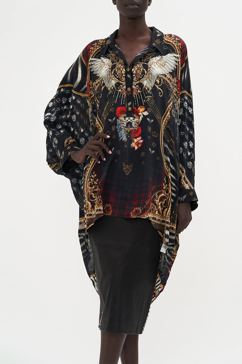 BUTTON UP TOP WITH DRAPED BACK DO I ENTERTAIN YOU