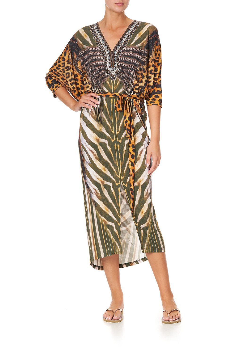 JERSEY FITTED V NECK DRESS WITH TIE NINE LIVES