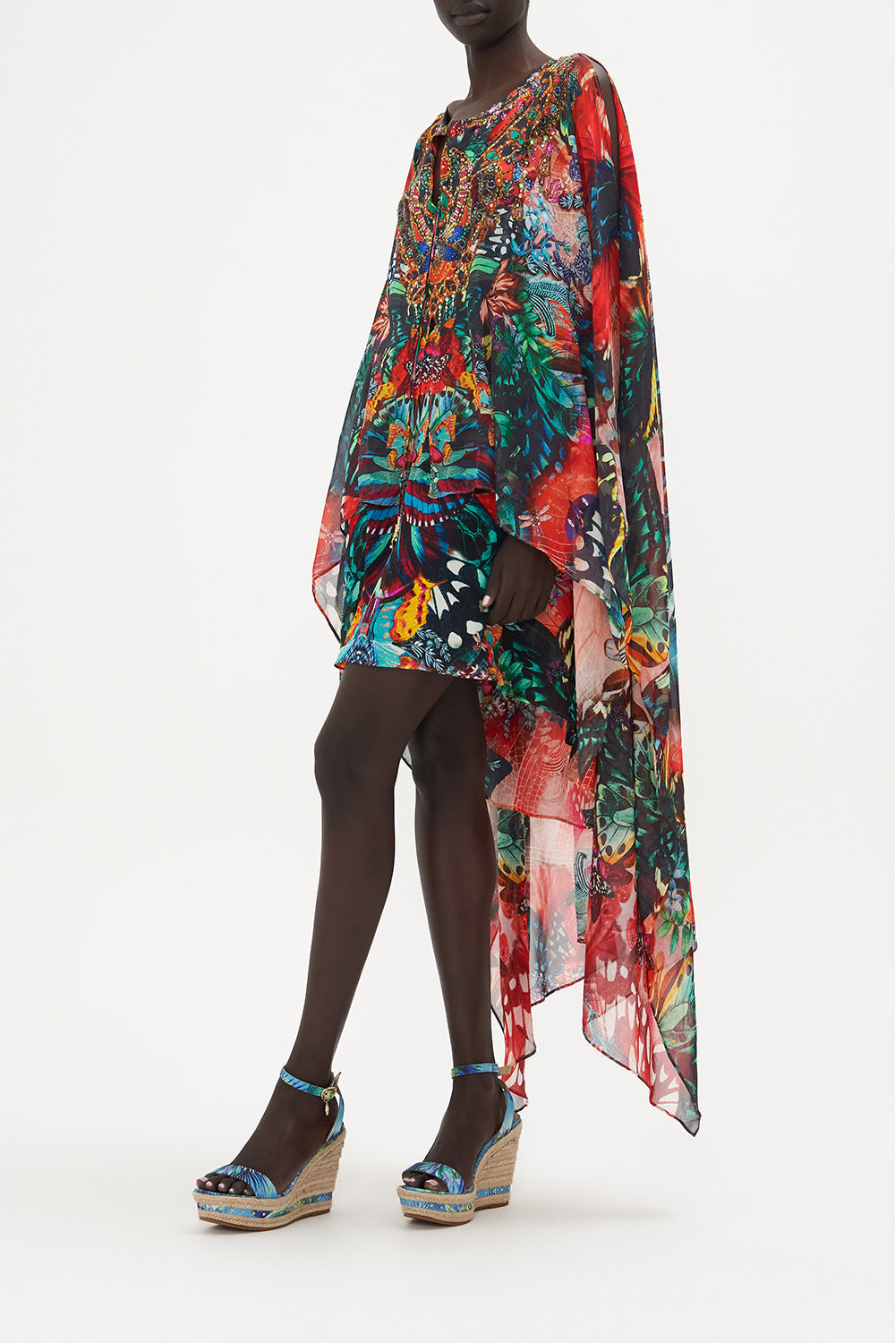 LONG SHEER OVERLAY DRESS IN A FLUTTER