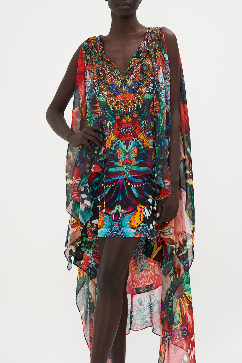 LONG SHEER OVERLAY DRESS IN A FLUTTER