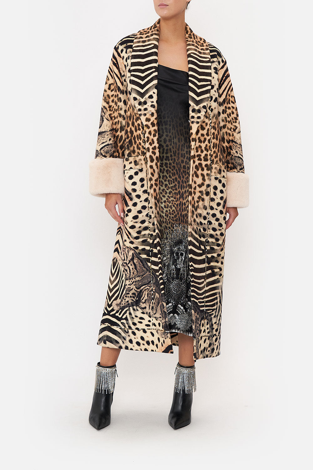 COAT WITH FEUX FUR TRIM AND BELT FOR THE LOVE OF LEO