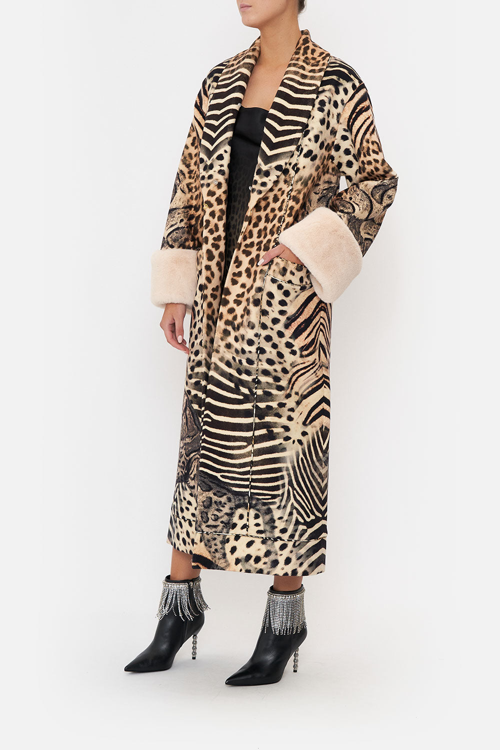 COAT WITH FEUX FUR TRIM AND BELT FOR THE LOVE OF LEO