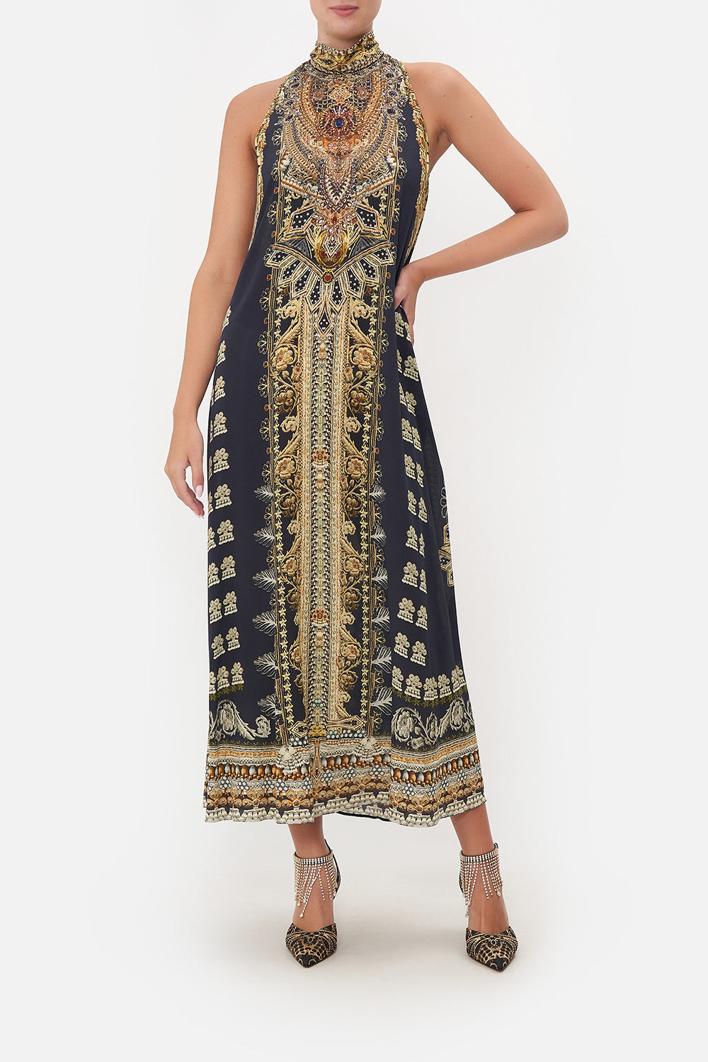 HIGH NECK DRESS WITH BACK NECK TIE ITS ALL OVER TORERO