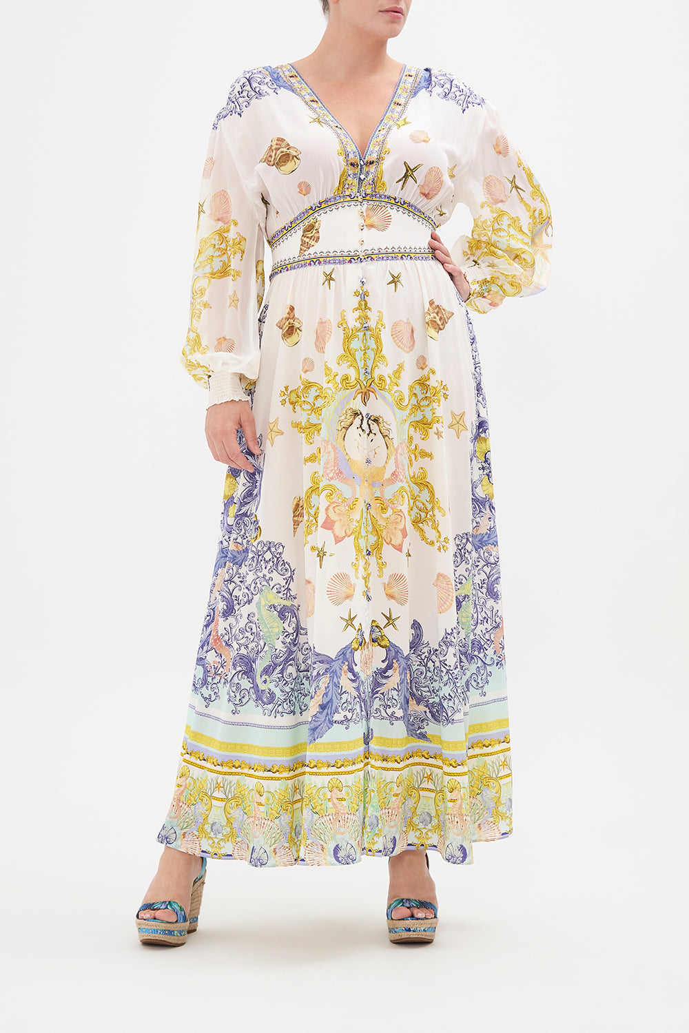 Front view of curvy model wearing CAMILLA plus size silk dress in Star of The Sea print