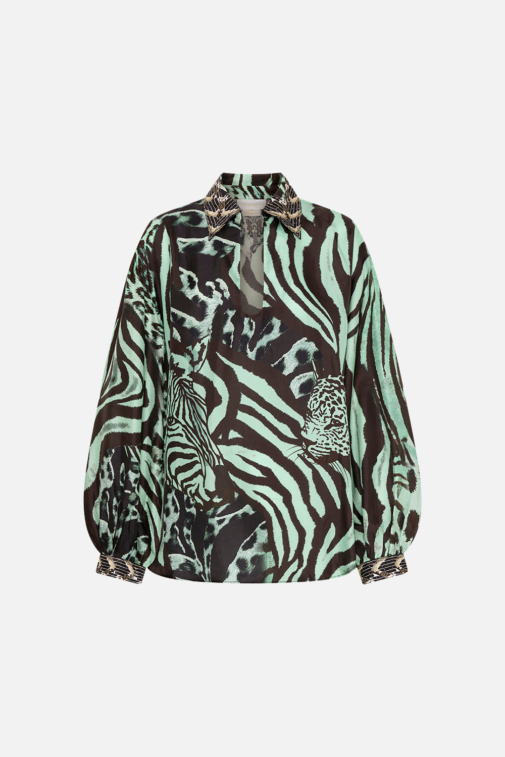 V-NECK BLOUSE WITH COLLAR LEOPARD LORE