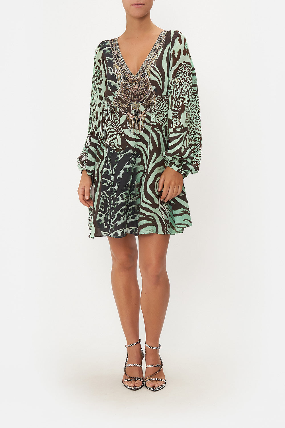 V NECK BLOUSON SLEEVE DRESS LEOPARD LORE