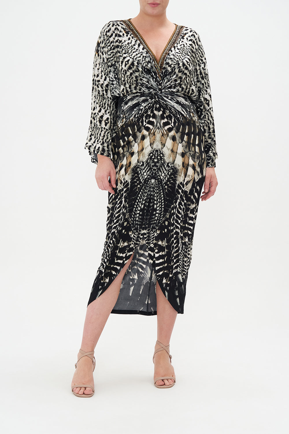 front view of curvy model wearing CAMILLA plus size jersey dress in Night Owl print