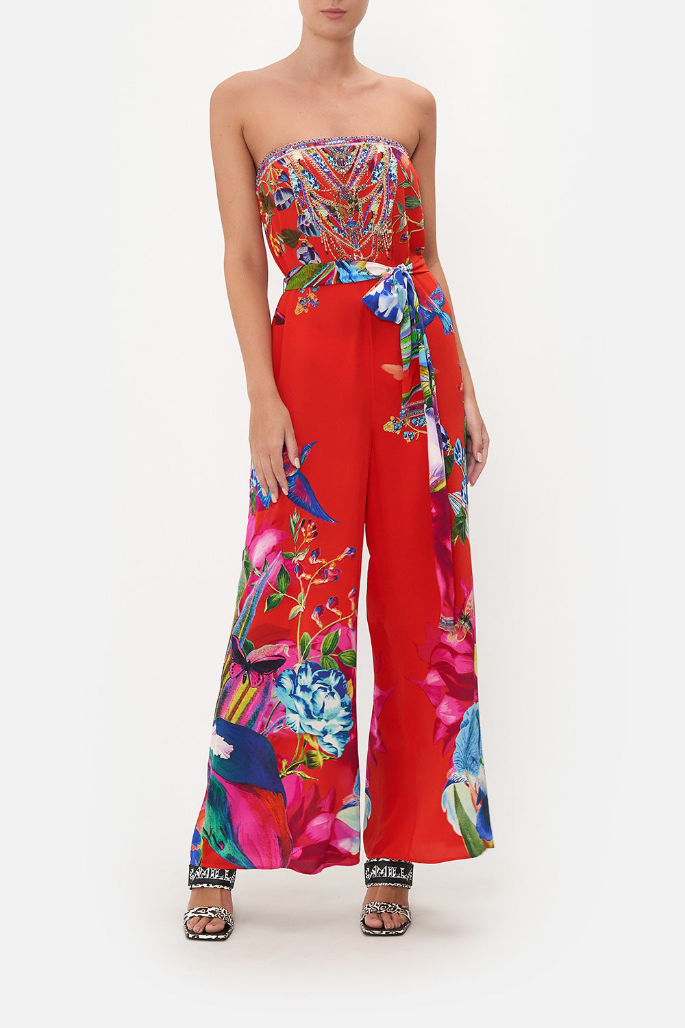 TIE WAIST STRAPLESS JUMPSUIT BIRDS OF A FEATHER