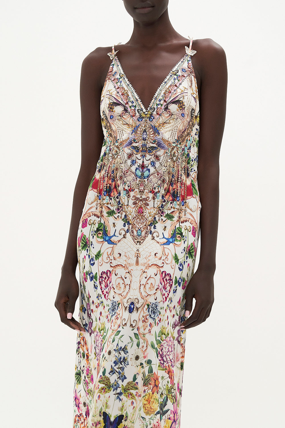 V NECK FULL LENGTH BIAS SLIP DRESS QUEENS BEE HIVE