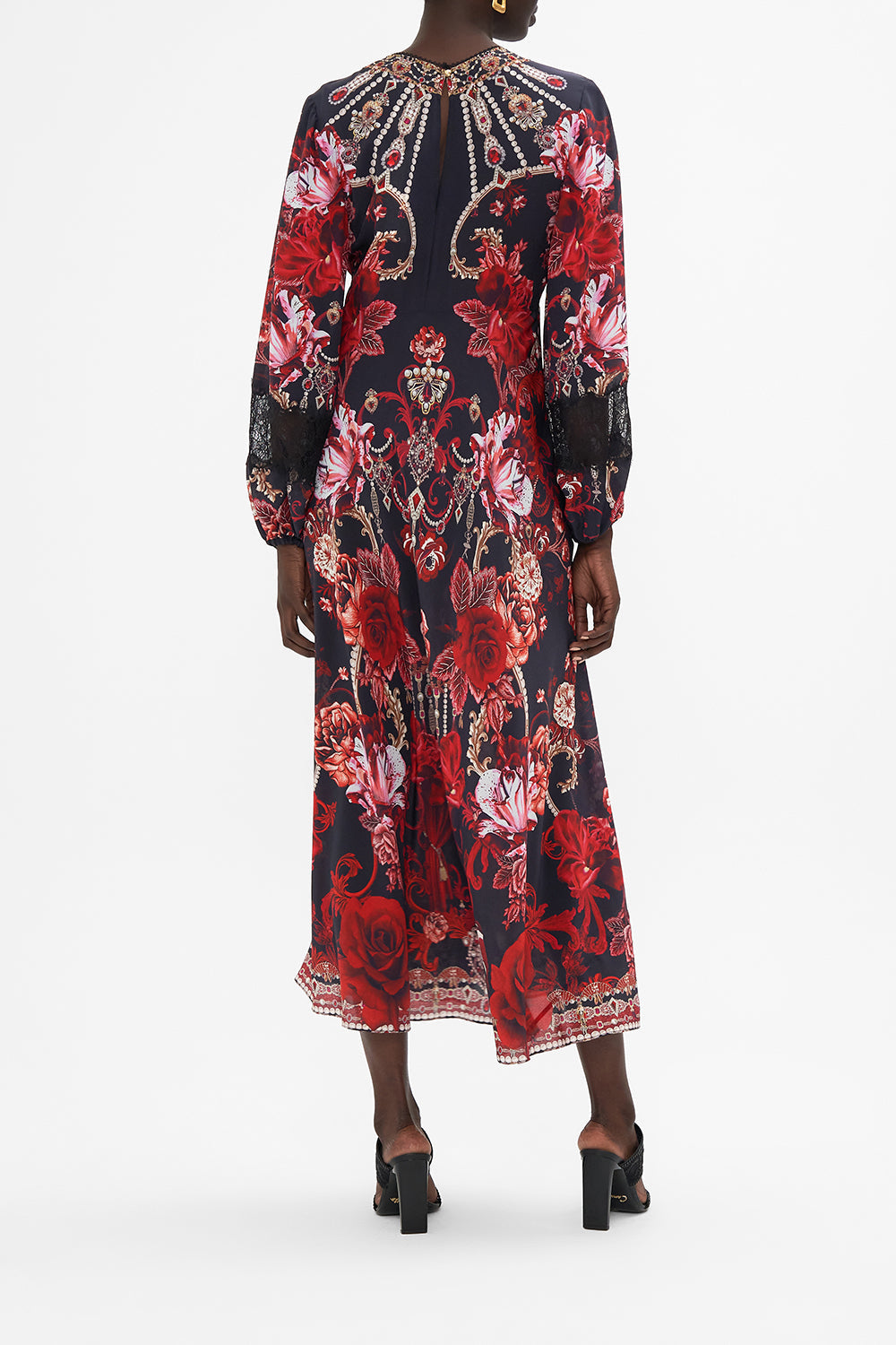 BLOUSON SLEEVE V NECK DRESS WITH LACE SISTERHOOD OF THE ROSE