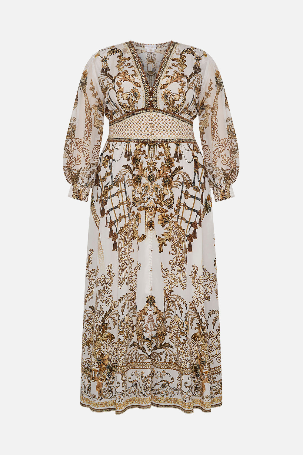 CAMILLA plus size white silk maxi dress in Road To Richesse print