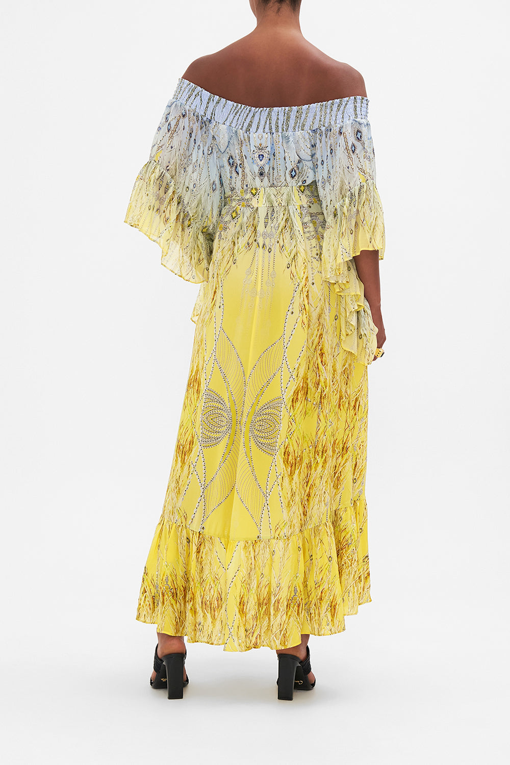 HIGH LOW HEM OFF SHOULDER DRESS MOON AND BACK