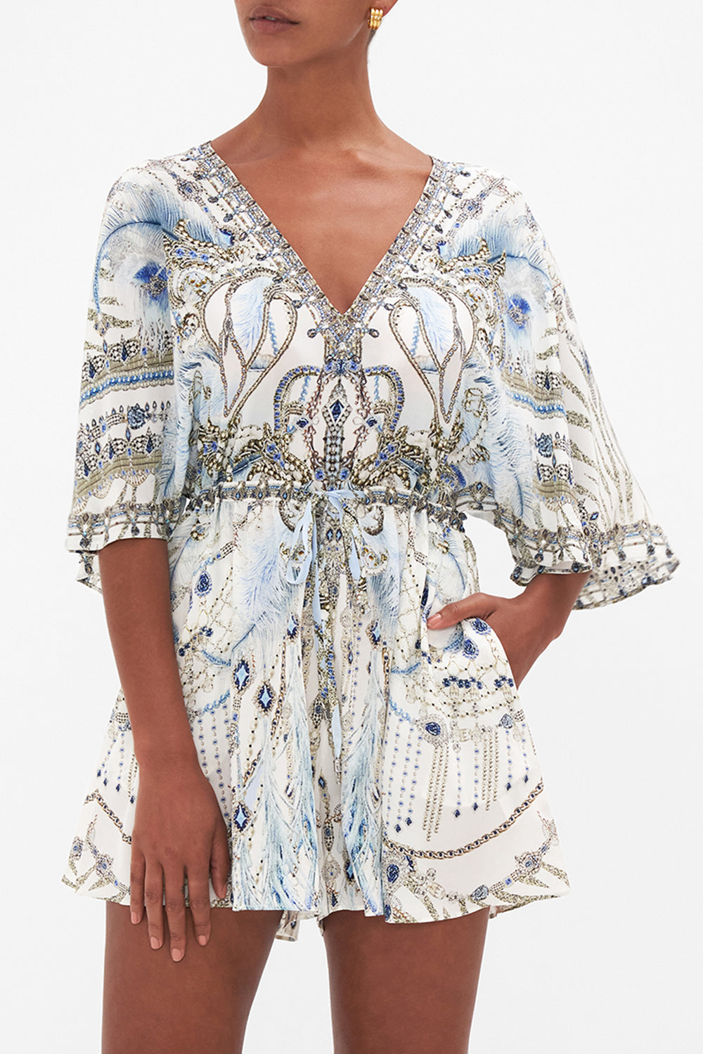 FLUTTER SLEEVE GATHERED WAIST PLAYSUIT MOON AND BACK