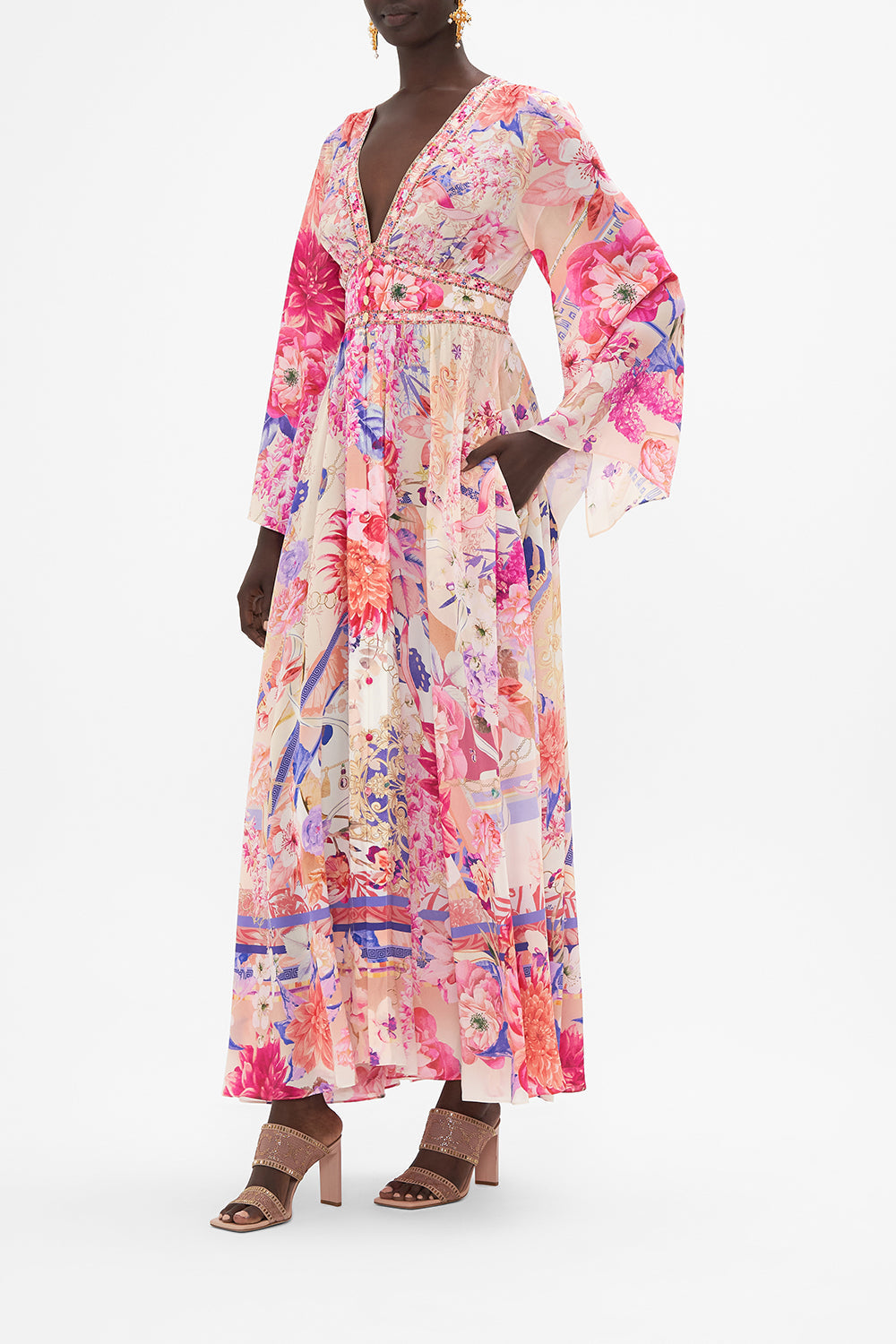 KIMONO SLEEVE DRESS WITH SHIRRING DETAIL ROSE BED RENDEZVOUS