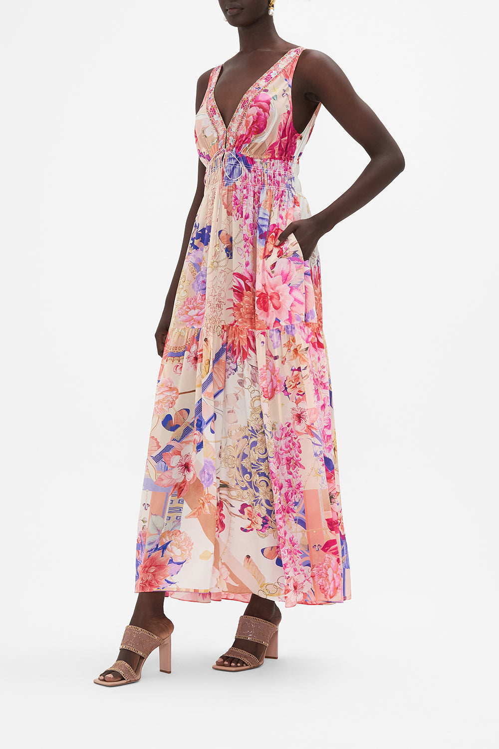 SHIRRED WAIST DETAIL LONG DRESS ROSE BED RENDEZVOUS