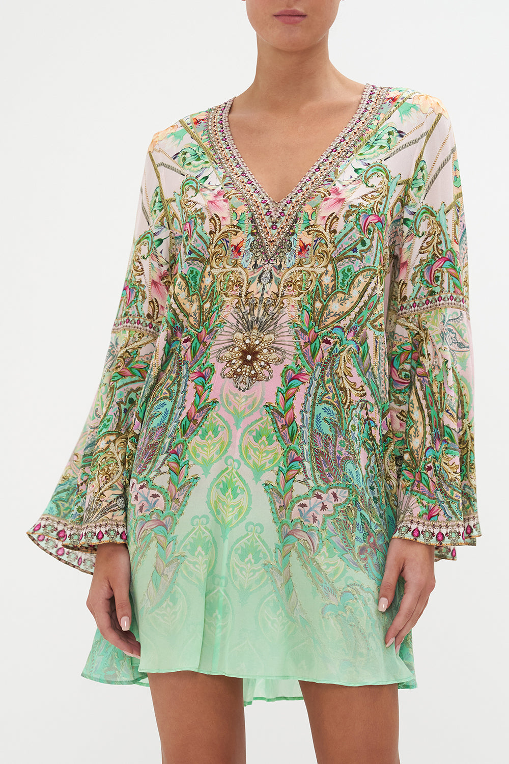 V-NECK FLARED SLEEVE MINI DRESS LOST CITY