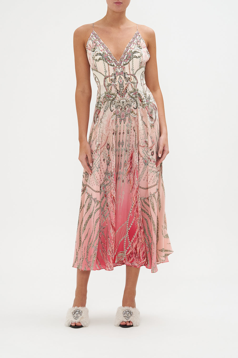 Rouleaux Strap V-Neck Midi Dress Starship Sistas print by CAMILLA