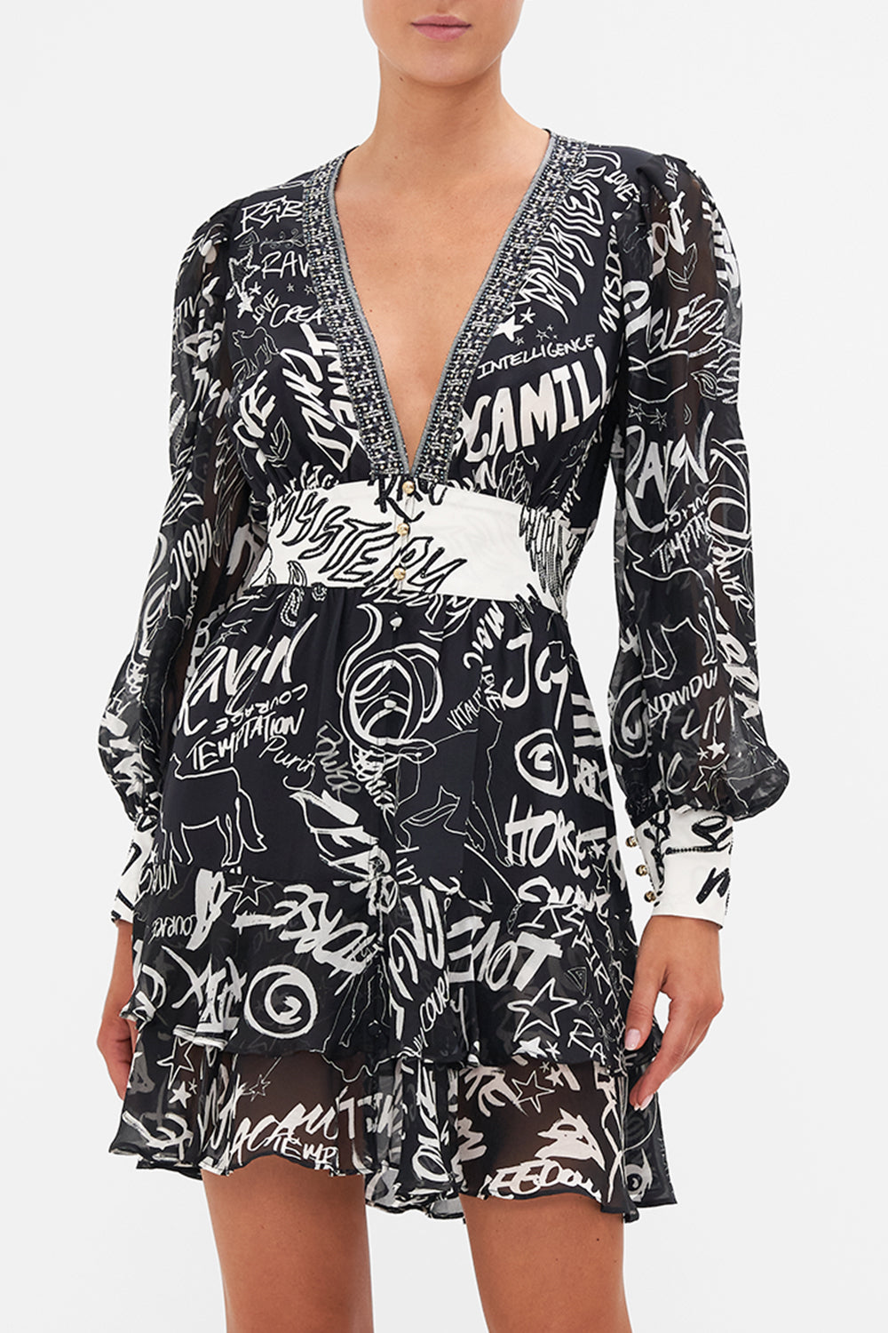 BUTTON FRONT FRILL DRESS SPIRIT SCRIBBLE