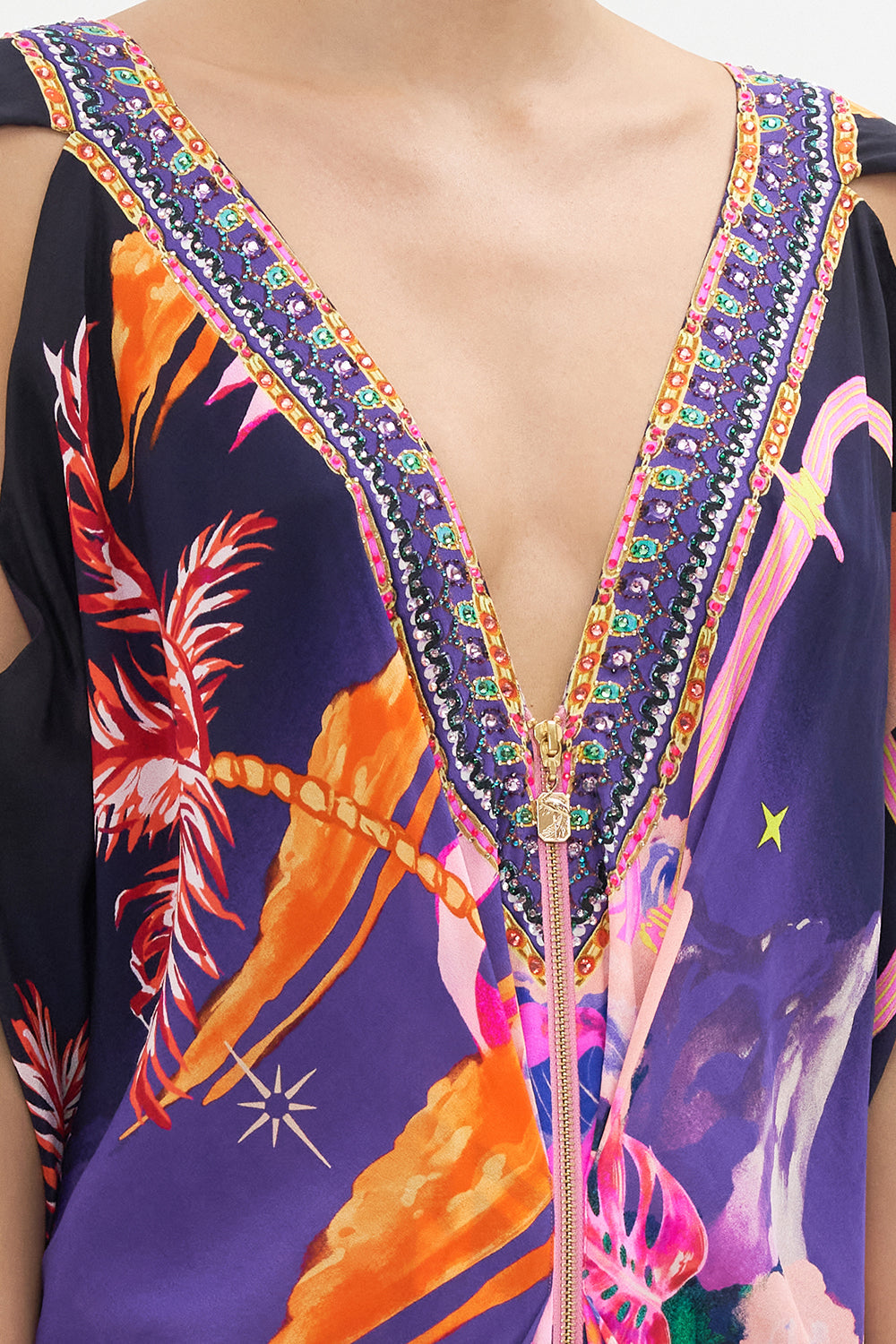 LONG DRAPE DRESS WITH ZIP FRONT FLIGHT OF THE FLAMINGO