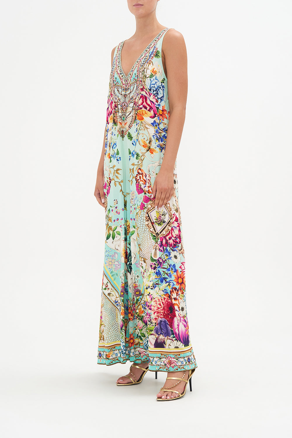 V NECK FLARED JUMPSUIT HONEY HONEY