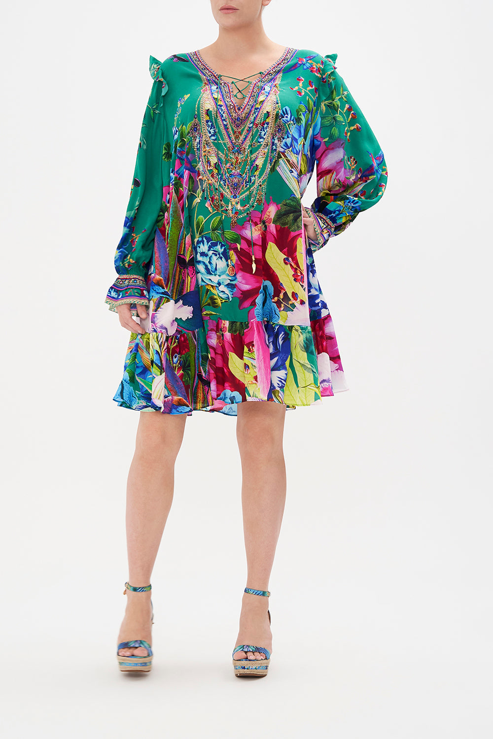 RUFFLE LACE UP DRESS RUN FROM PARADISE