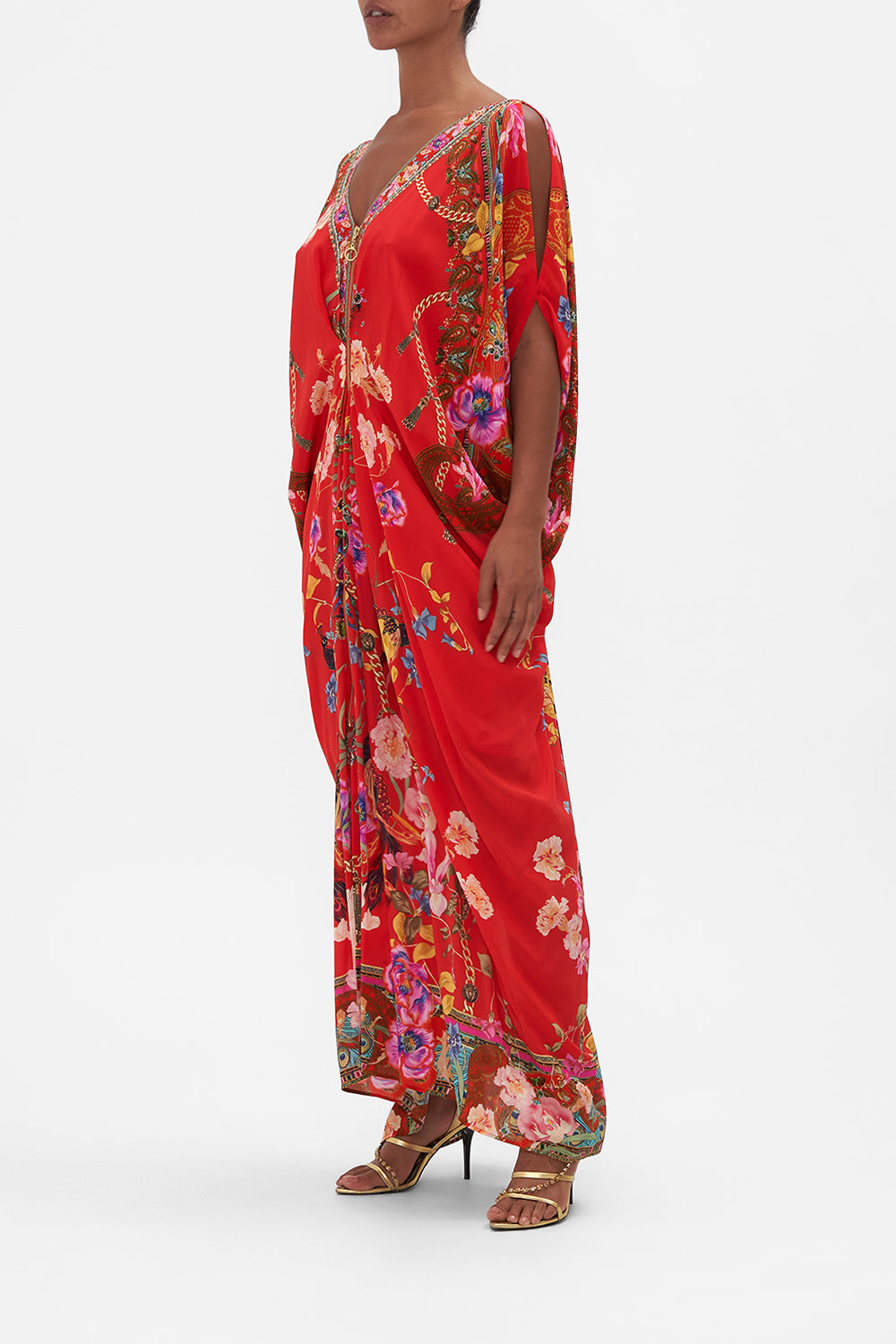 LONG DRAPE DRESS WITH ZIP FRONT RUFFLE SOME FEATHERS