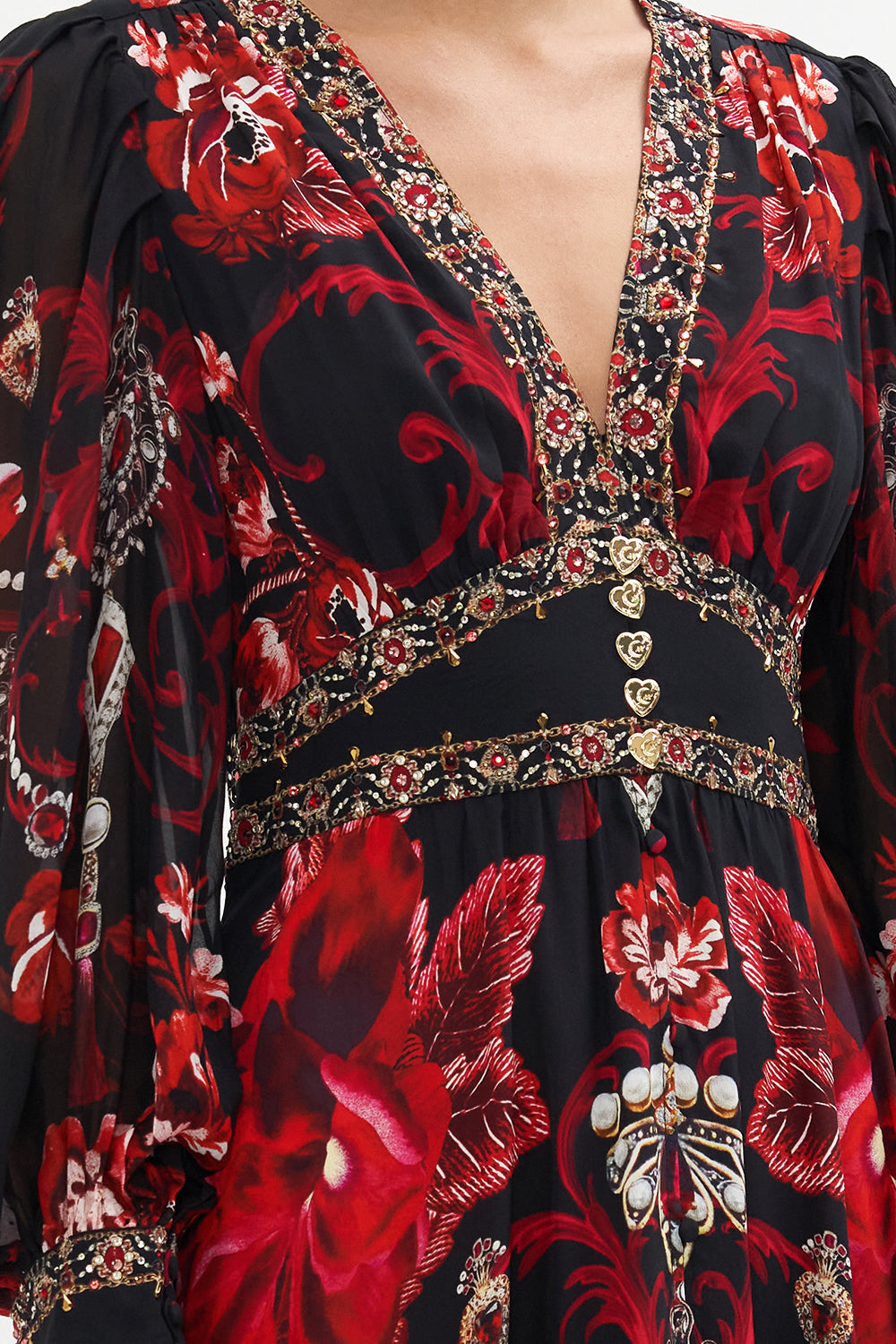 SHAPED WAISTBAND DRESS WITH GATHERED SLEEVES SISTERHOOD OF THE ROSE