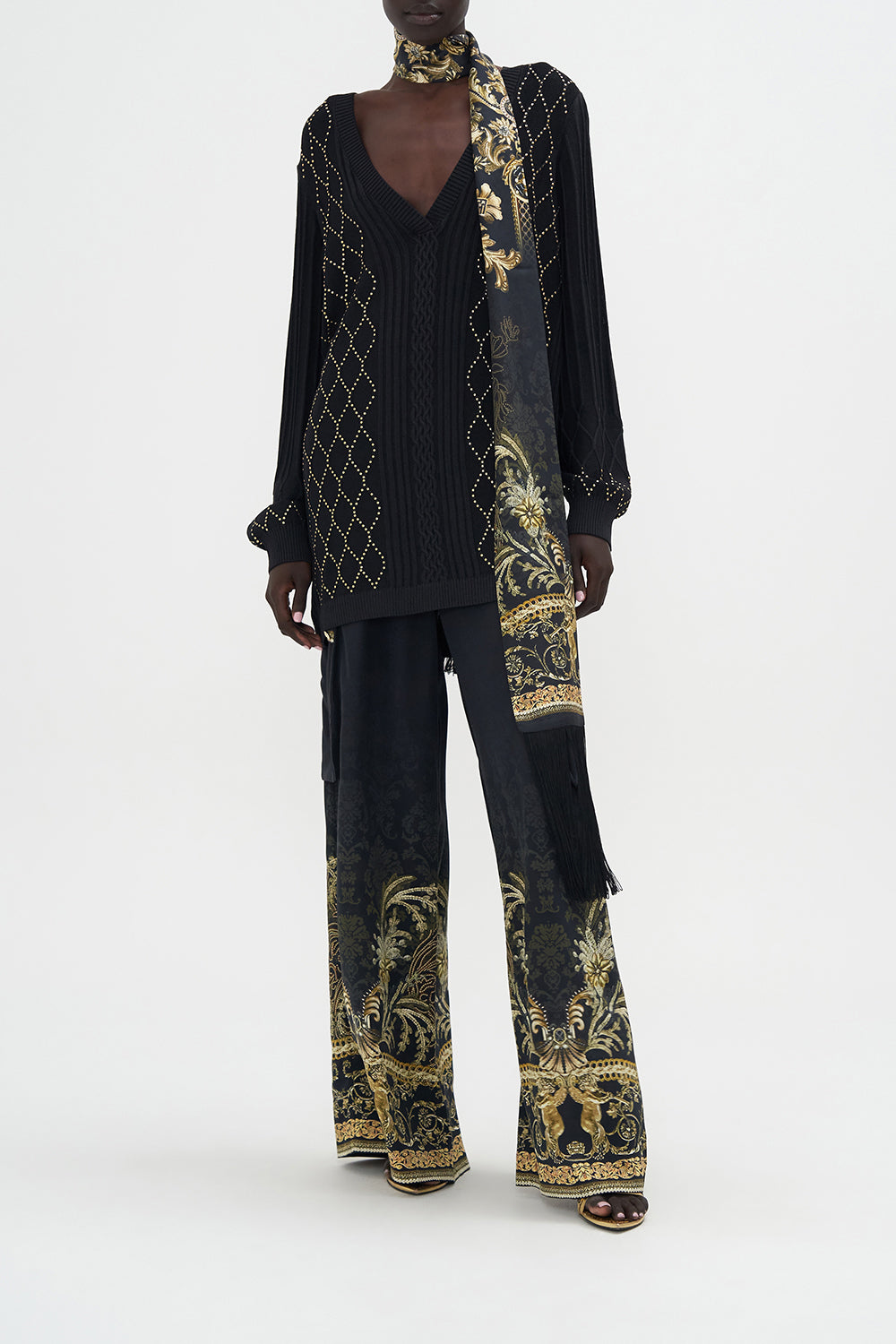 Embellished V Neck Knit The Night Is Noir print by CAMILLA
