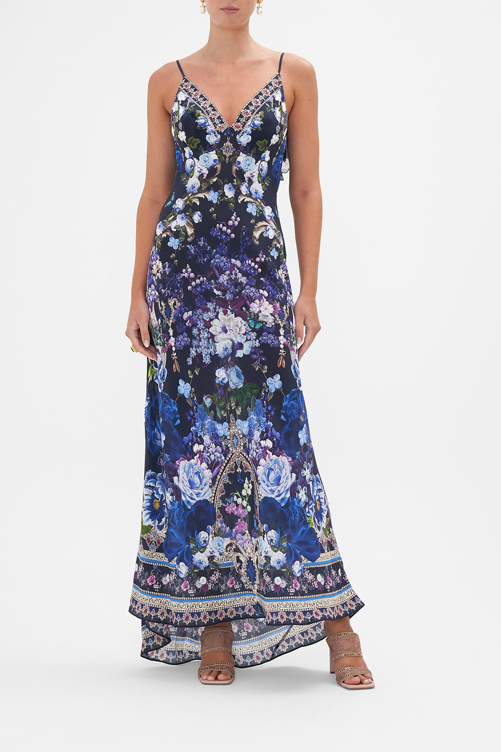 V Neck Bias Slip Dress With Back Frill Obsidian Bloom print by CAMILLA