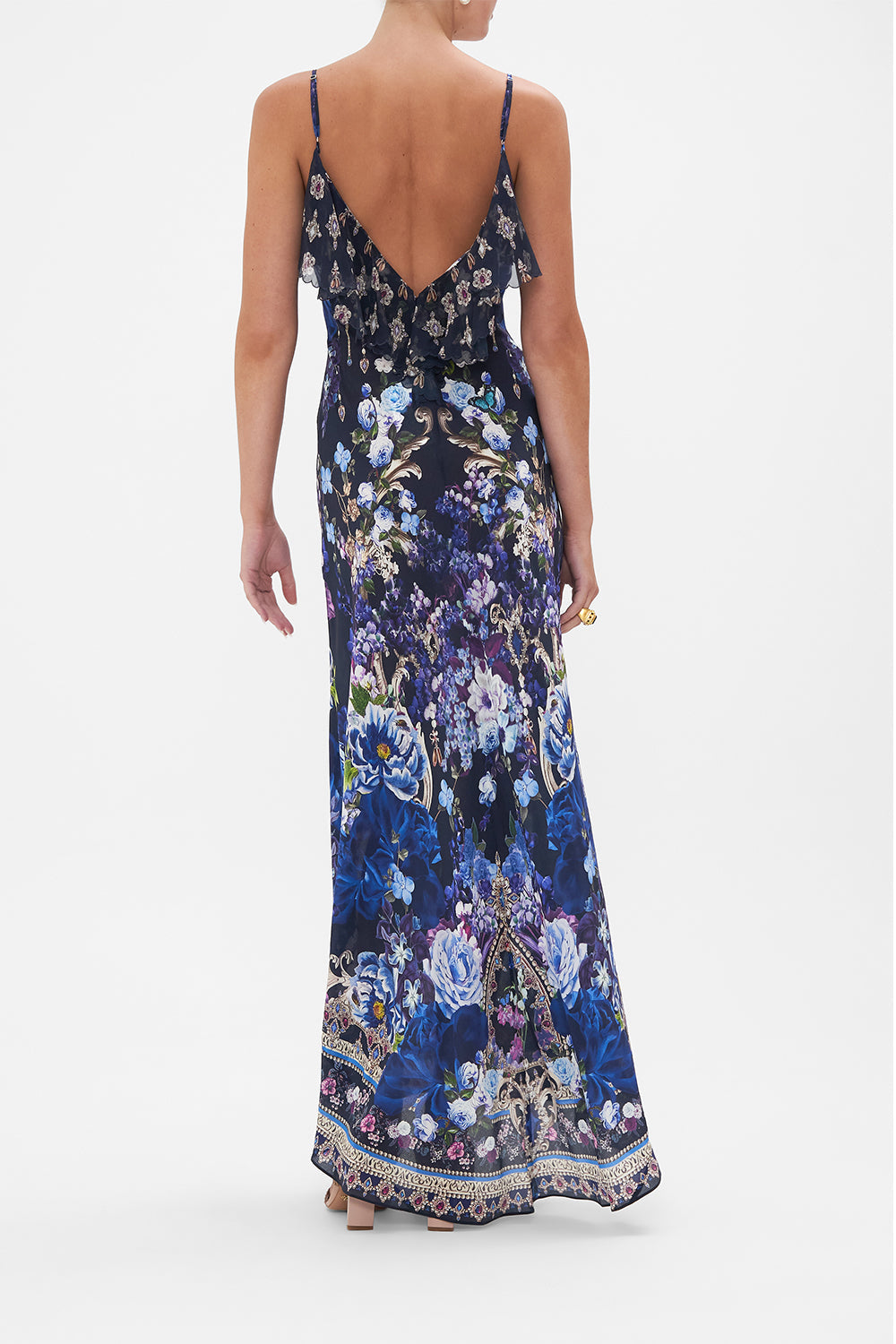 V NECK BIAS SLIP DRESS WITH BACK FRILL OBSIDIAN BLOOM