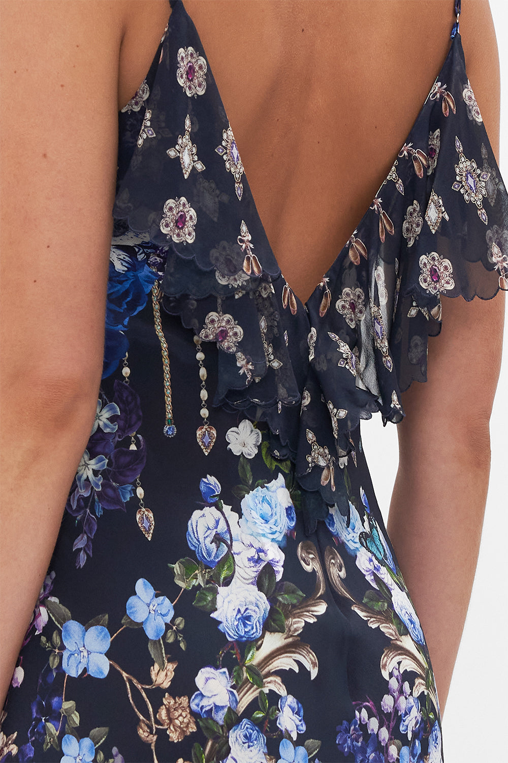V NECK BIAS SLIP DRESS WITH BACK FRILL OBSIDIAN BLOOM