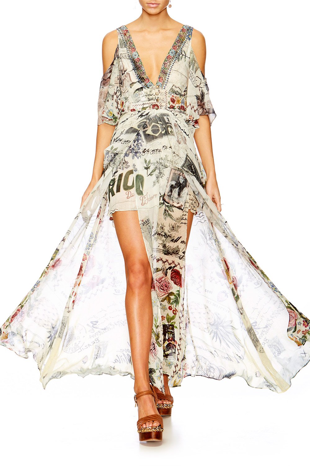 MEMORY LANE LONG DRESS W PEPLUM OVERLAY