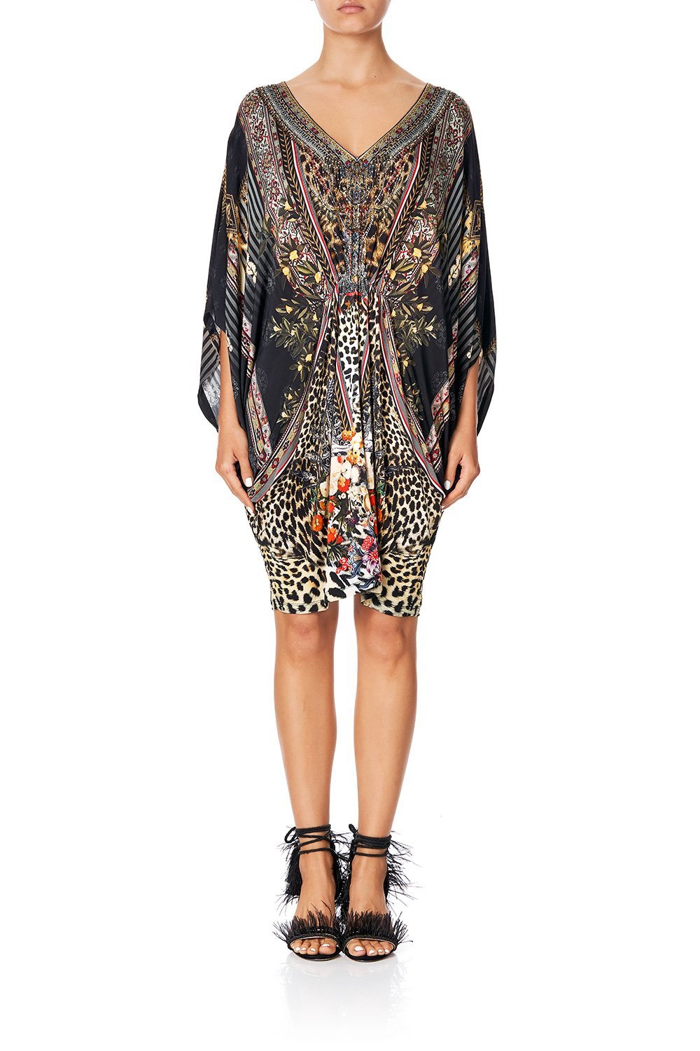 CAMILLA BAT SLEEVE DRESS WITH GATHERED WAIST MARAIS AT MIDNIGHT