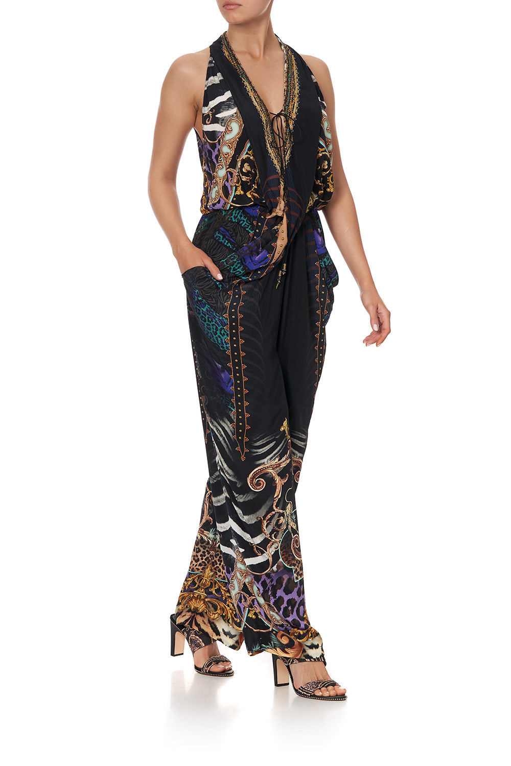 DRAPED FRONT BODICE JUMPSUIT WITH NECK TIE SHES GOT GRACE