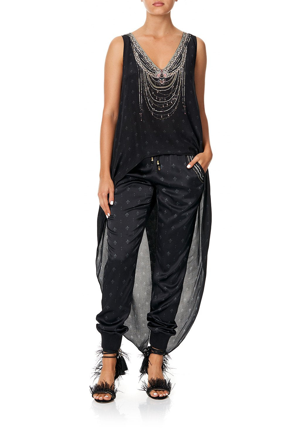 CAMILLA HIGH LOW CROSS BACK TOP BLACK