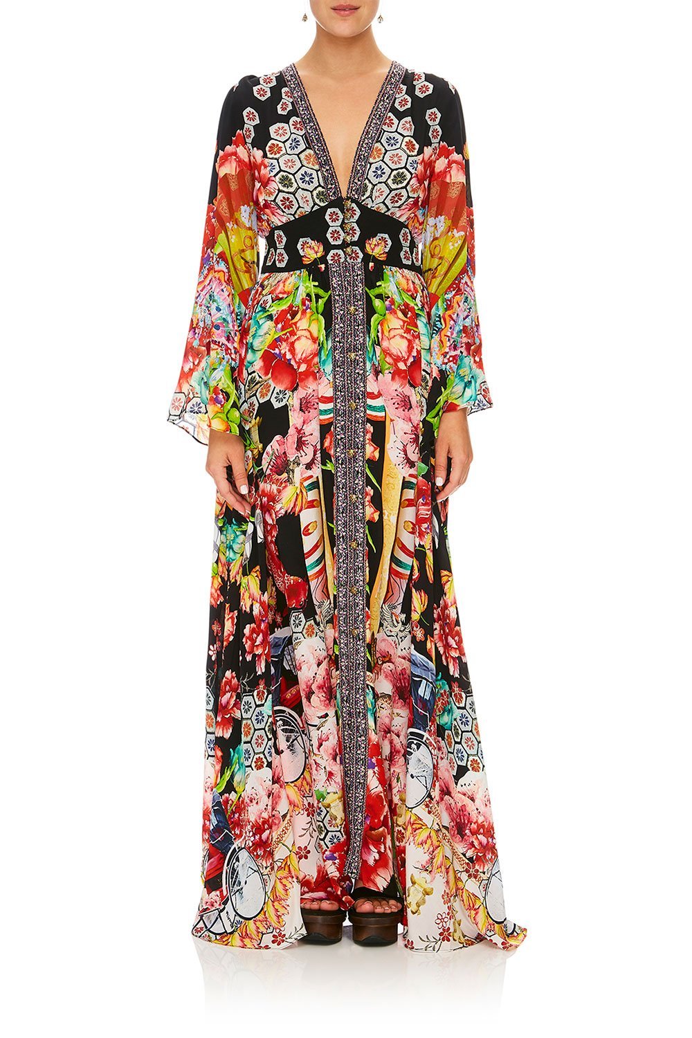 CAMILLA PAINTED LAND KIMONO SLEEVE DRESS W/ SHIRRING DETAIL