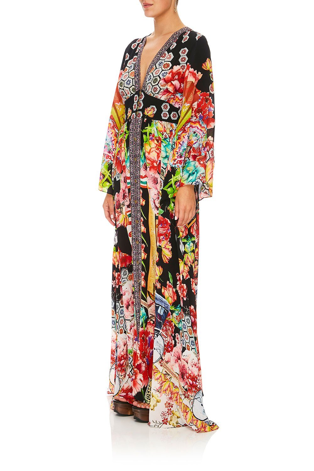 CAMILLA PAINTED LAND KIMONO SLEEVE DRESS W/ SHIRRING DETAIL