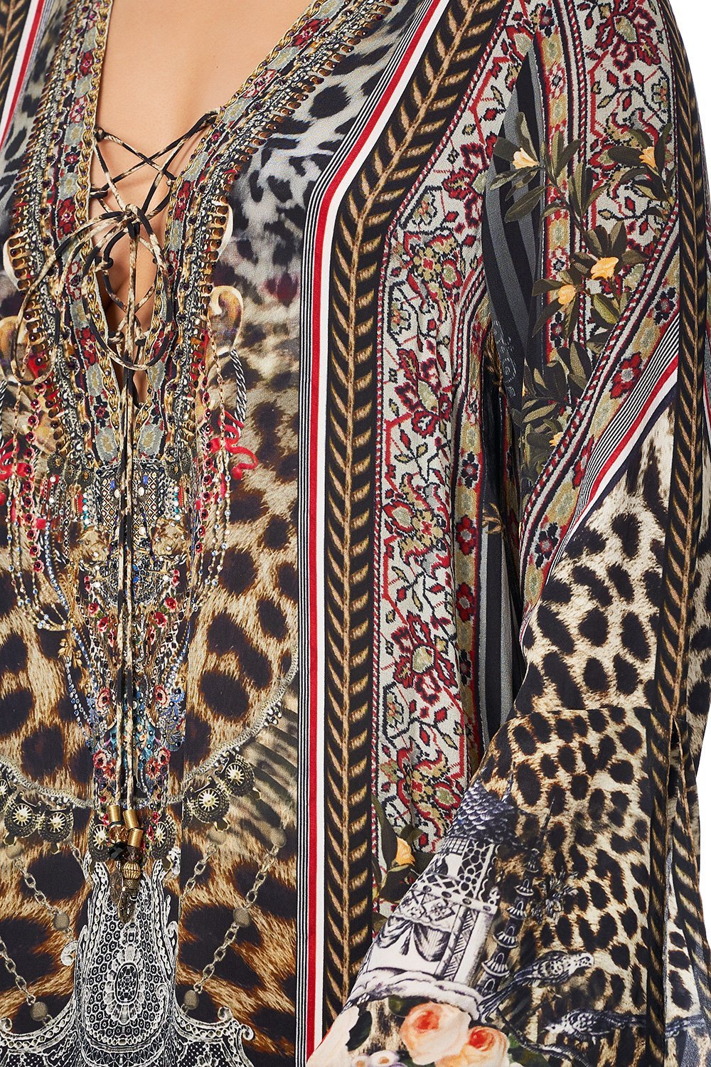 CAMILLA LACE UP DRESS WITH TIERED HEM MARAIS AT MIDNIGHT