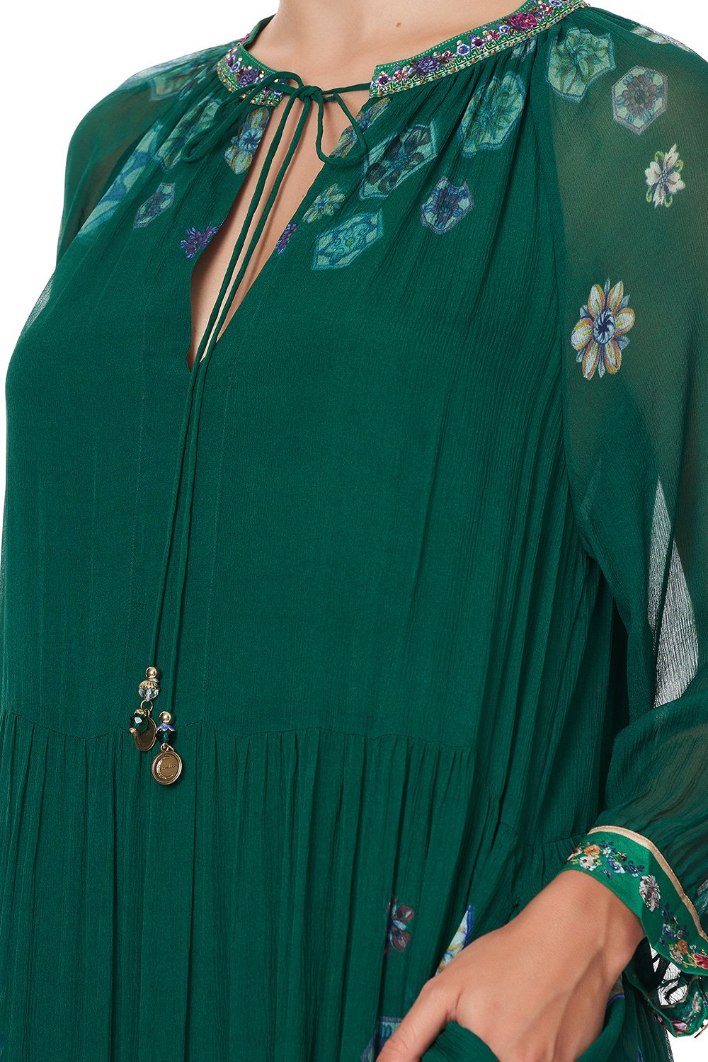 LONG GATHERED PANEL DRESS EMERALD'S ORBIT