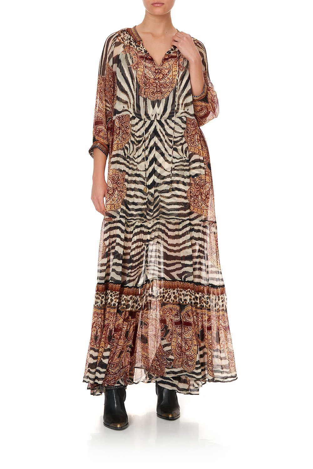 LONG GATHERED PANEL DRESS WILD FIRE