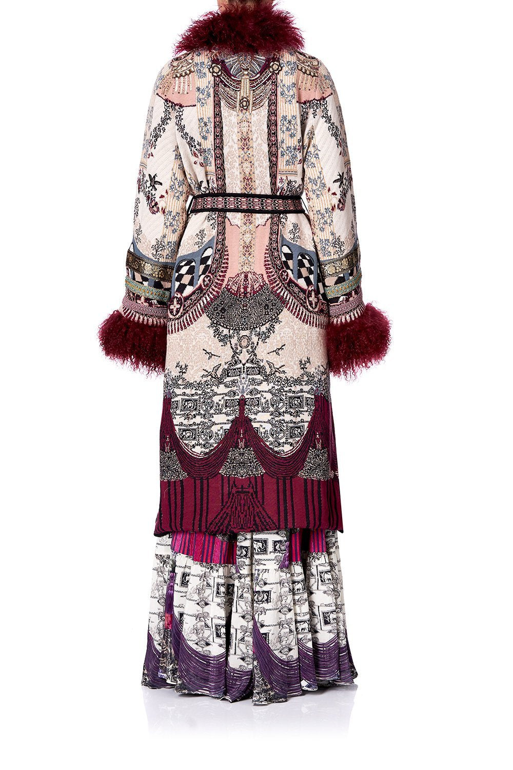 LONG KNIT JACQUARD COAT WITH FUR VIOLET CITY
