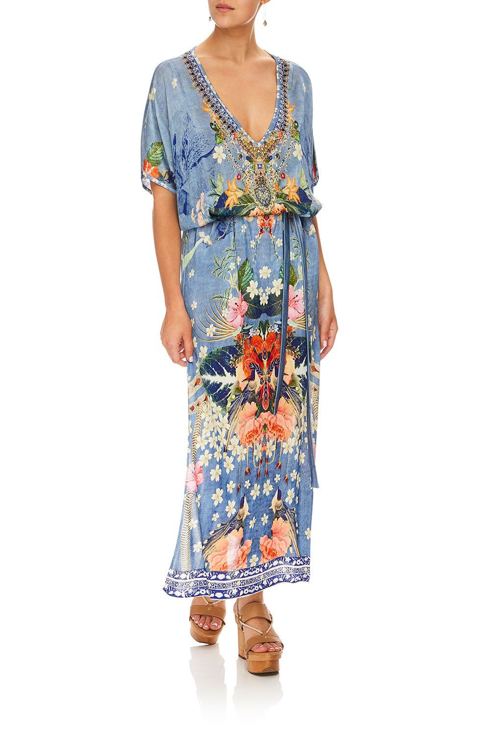 CAMILLA FARAWAY FLORALS LONG V NECK DRESS W/ TIE