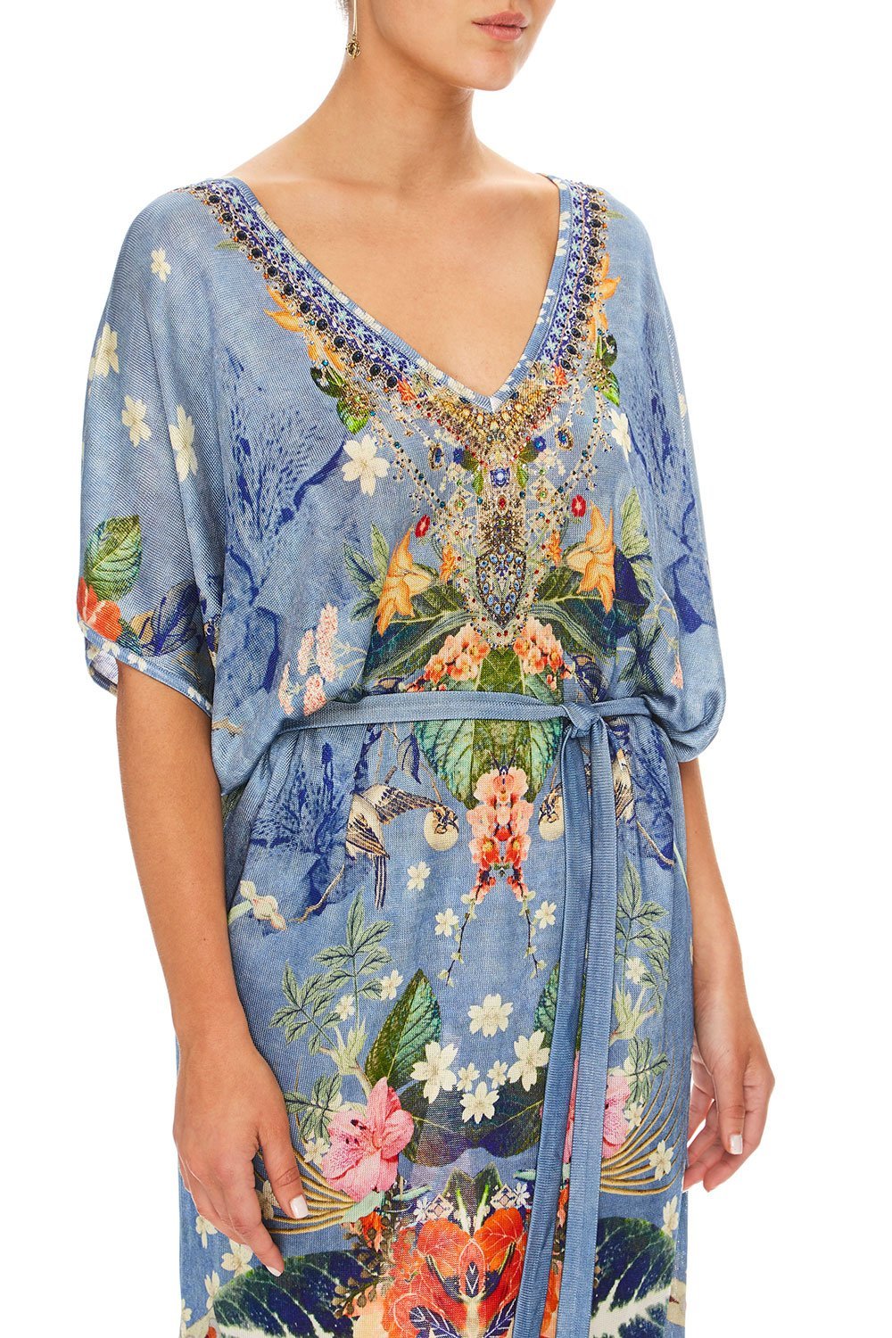 CAMILLA FARAWAY FLORALS LONG V NECK DRESS W/ TIE